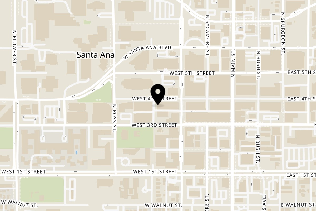 Map showing the location of Pan y Café Panaderia on 324 W 4th St in Santa Ana